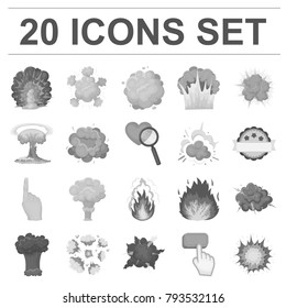 Different explosions monochrome icons in set collection for design.Flash and flame vector symbol stock web illustration.