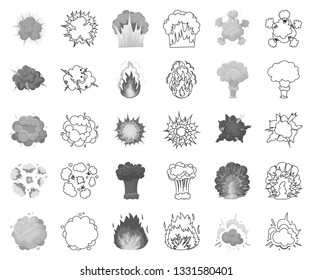 Different explosions monochrome,outline icons in set collection for design.Flash and flame vector symbol stock web illustration.