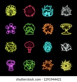 Different explosions neon icons in set collection for design.Flash and flame vector symbol stock web illustration.