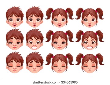 Different expressions of boy and girl. Vector isolated characters.