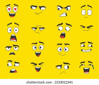 Different expressions of cartoon face vector illustrations set. Cute, funny, angry, happy, smiling comic faces with eyes and mouth isolated on purple background. Emotions concept for character design