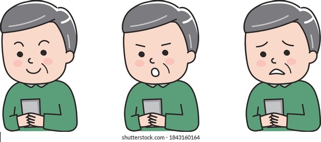 Different expressions of man using a smartphone. Vector illustration isolated on white background.