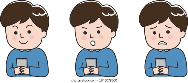 Different expressions of young man using a smartphone. Vector illustration isolated on white background.