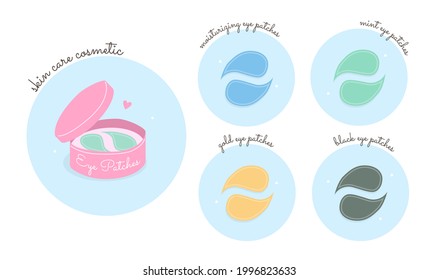 Different eye patches collection. Eye skin care Korean cosmetic, hydrogel eye pads in beautiful jar, spa beauty procedures at home, natural moisturizing, black, gold and mint eye gel patches vector.