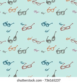 Different eyeglasses types seamless pattern, hand drawn doodle style vector. Sketch illustration.