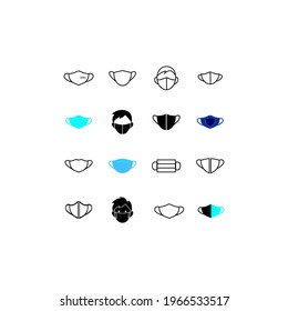 Unterschiedliche Gesichtsmasken-Symbole. Symbol für Gesichtsmasken-Symbol eingestellt. Medizinische Gesichtsmaske, Vektorgrafik. Atemschutz. Virenschutz. Luftverschmutzung. Vektorset. Eingeschlossenes Objekt. EPS10