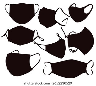 Different face mask icons. Face mask icon set. Medical face mask vector template illustration. Respiratory protection. Virus prevention. Air pollution. Vector set. Isolated object. Side view. COVID-19