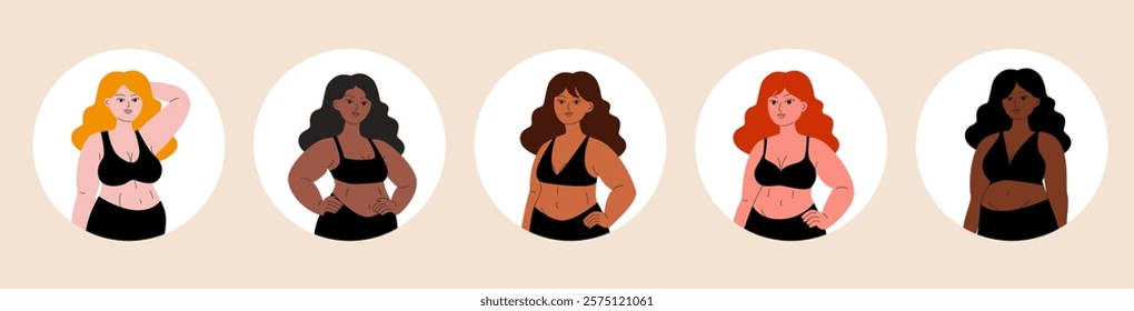 Different face portraits, beautiful plus size women. Cartoon female avatars, modern diverse young characters flat style, creative user icons. Vector isolated set.