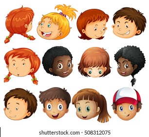 Different faces of boys and girls illustration