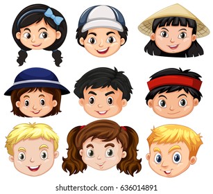 Different faces of boys and girls illustration