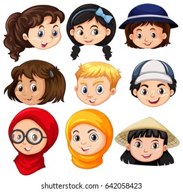 Different faces of children illustration