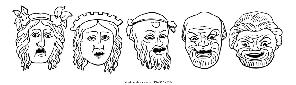 Diferentes caras de máscaras de comedia, dibujo de línea vintage o ilustración de grabado.