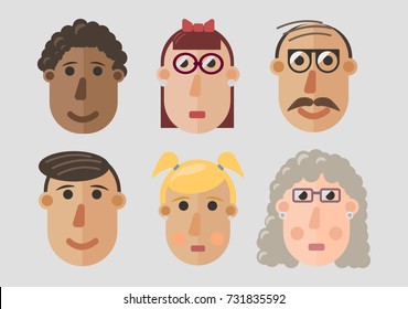 Different faces design of a family with two man, women, grandmother and grandfather for kids books, education and other. 
