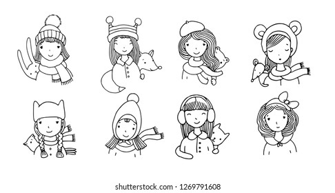 Different faces. Girls in winter hats. Funny animals. Hand drawing isolated objects on white background. Vector illustration. Coloring book - Vector 