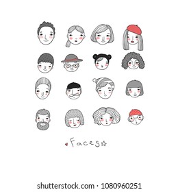 Different faces. Hand drawing isolated objects on white background. Vector illustration. Coloring book.