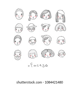Different faces. Hand drawing isolated objects on white background. Vector illustration. Coloring book.