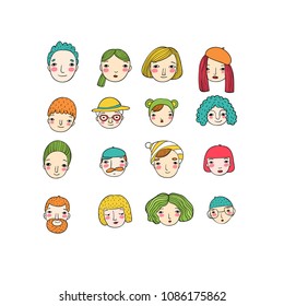 Different faces. Hand drawing isolated objects on white background. Vector illustration. 