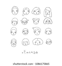 Different faces. Hand drawing isolated objects on white background. Vector illustration. 