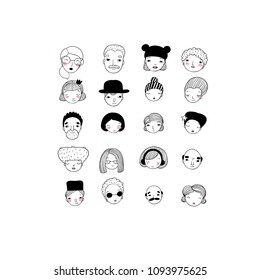 Different faces. Hand drawing isolated objects on white background. Vector illustration. 