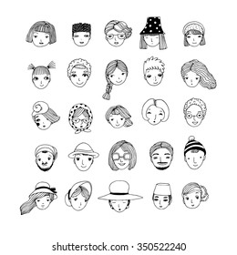 Different faces. Hand drawing isolated objects on white background. Vector illustration. Coloring book.