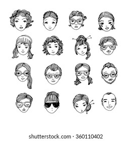 Different faces. Hand drawing isolated objects on white background. Vector illustration. Coloring book.