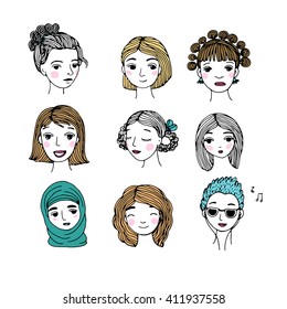 Different faces. Hand drawing isolated objects on white background. Vector illustration. 
