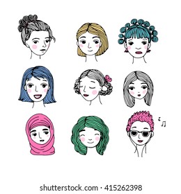 Different faces. Hand drawing isolated objects on white background. Vector illustration. 