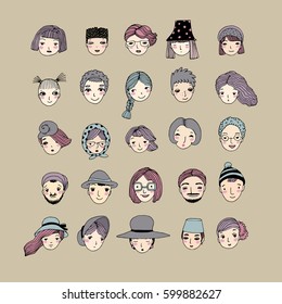 Different faces. Hand drawing isolated objects on white background. Vector illustration.