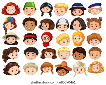 Different faces of happy children illustration