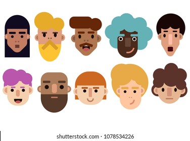 different faces on white background, emotions of characters, different races, icons, isolated, vector
