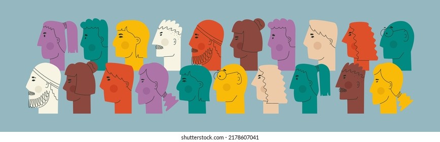 Different faces of people in profile. Cute unrealistic faces of men and women of different skin colors and with a variety of hairstyles. Web banner social.