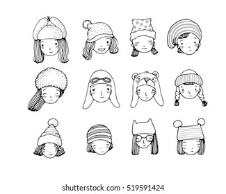 Different faces. People in winter hats. Hand drawing isolated objects on white background. Vector illustration. 