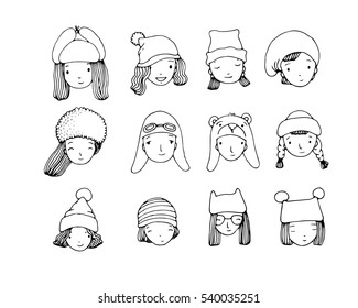 Different faces. People in winter hats. Hand drawing isolated objects on white background. Vector illustration. Coloring book
