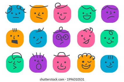 Different faces with range of emotions. Doodle characters.  Emoticons. Vector illustration