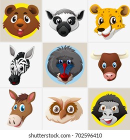 Different faces of wild animals illustration