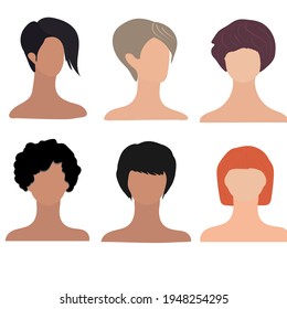 Different faces of women with haircuts, hairstyles and hair color are highlighted on a white background. Vector illustration.
