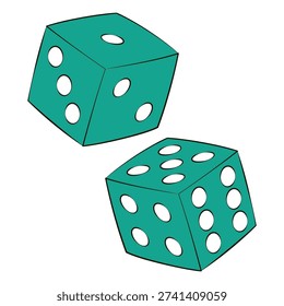 Different facets playing cubes drawing. Casino icon. Vector drawn two Dice toss. Gamble and risky board games. Bone throw for bets. Gambling bright illustration. Roulette jackpot sign.