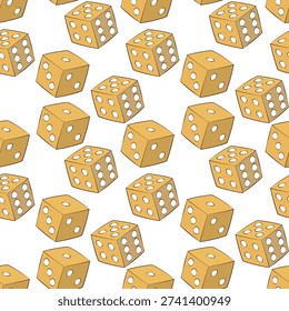 Different facets playing cubes seamless pattern. Casino background. Hand drawn Dice toss. Gamble and risky board games. Bone throw for bets. Repeated gambling print. Roulette jackpot.