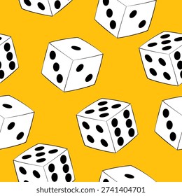 Different facets playing cubes seamless pattern. Casino background. Hand drawn Dice toss. Gamble and risky board games. Bone throw for bets. Repeated gambling bright yellow print. Roulette jackpot.