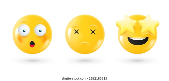 Different facial emoticons 3d vector set. Emoji isolated on white background with shadow