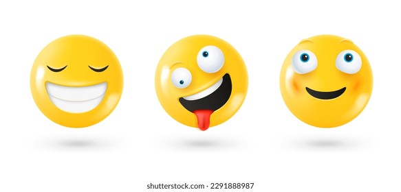 Diferentes emoticonos faciales conjunto vectorial 3d. Emoji aislado en un fondo blanco con sombra
