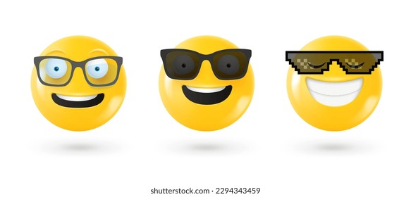 Different facial emoticons 3d vector set. Emoji isolated on white background with shadow