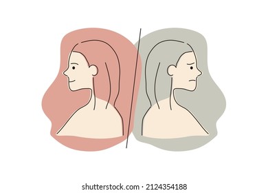 Different Facial Expression and Mood of a Side View Young Woman. Self Love, Mental Health, Depression Concept. Hand Drawn Style Illustration.