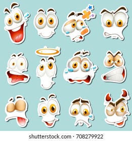 Different facial expression on blue background illustration