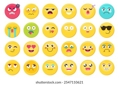 different facial expressions colorful emoji icon set, happy, sad, angry, kiss, sleepy, love, crying, bored, surprised. Funny vector sticker, social media mood, emotion and feeling chat element