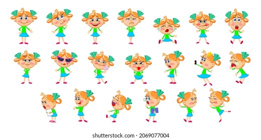 Different facial expressions of cute girl sticker set. Collection of emoticons with funny, sleepy, angry kid with stop, yes, calm signs angry vector illustrations. Emotions concept for social media