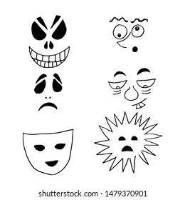 Different facial expressions drawn on a white background in black.
