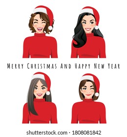 Different facial expressions female set in Christmas Santa hat isolated vector