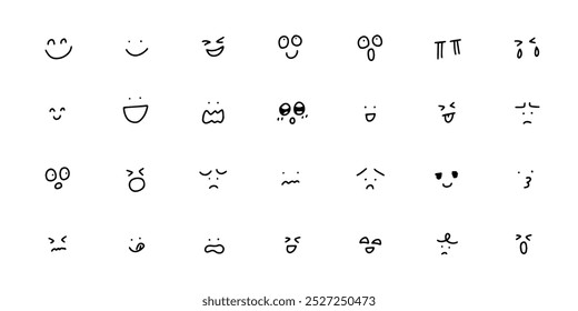 Diferentes expressões faciais. Ícones de face desenhados à mão.