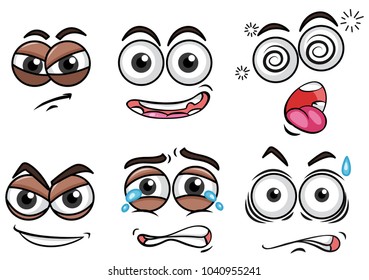 Different facial expressions on white background illustration